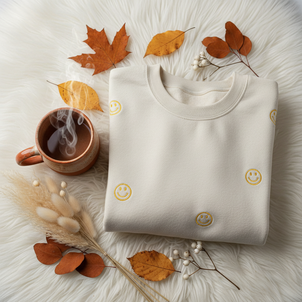 Be Happy Sweatshirt flat lay with mug and flowers