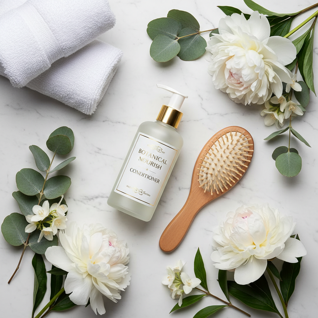 Living Proof conditioner flat lay with flowers and towels on marble