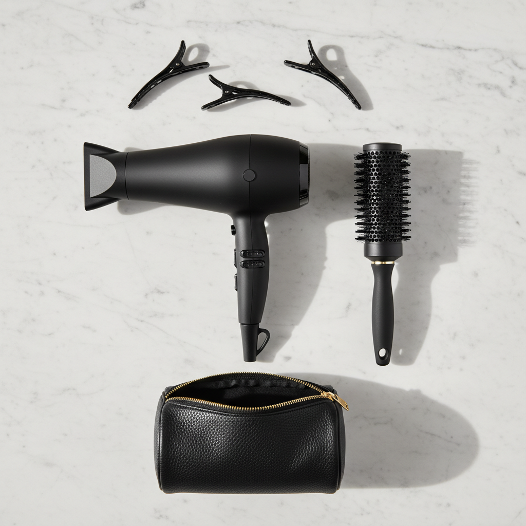 COCCO hair dryer flat lay with styling tools on marble