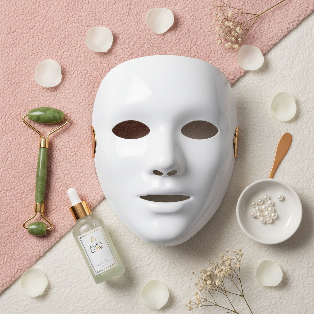 LED Light Therapy Face Mask flat lay with skincare accessories