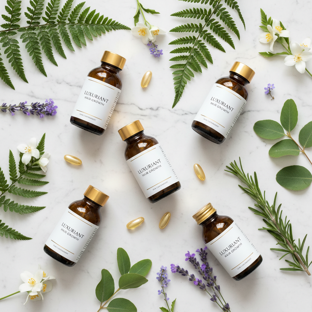 Nutrafol supplement bottles flat lay with botanicals on marble