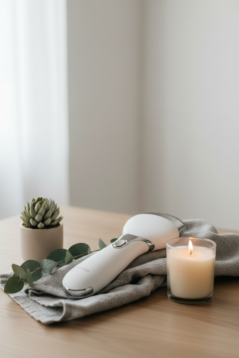 Electric massage blade self-care lifestyle scene with eucalyptus and candle