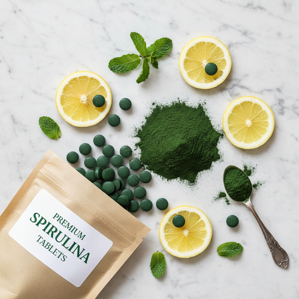 ENERGYbits spirulina tablets flat lay with greens on marble