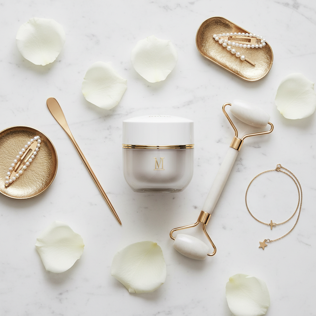 Elizabeth Arden night cream flat lay with rose petals and jade roller on marble