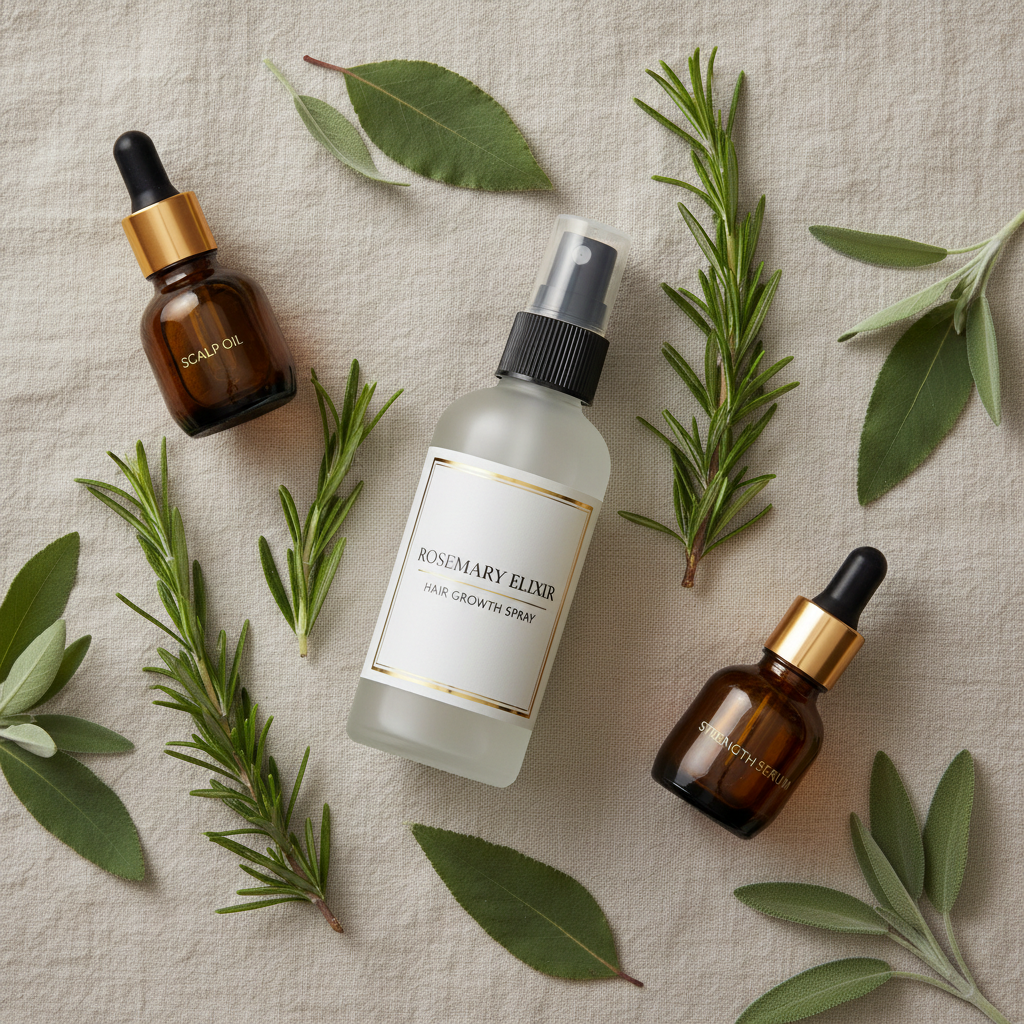 Rosemary hair growth spray flat lay with botanicals