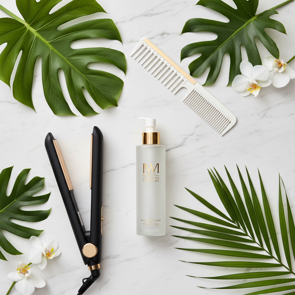 Brazilian Blowout solution flat lay with flat iron and tropical leaves on marble