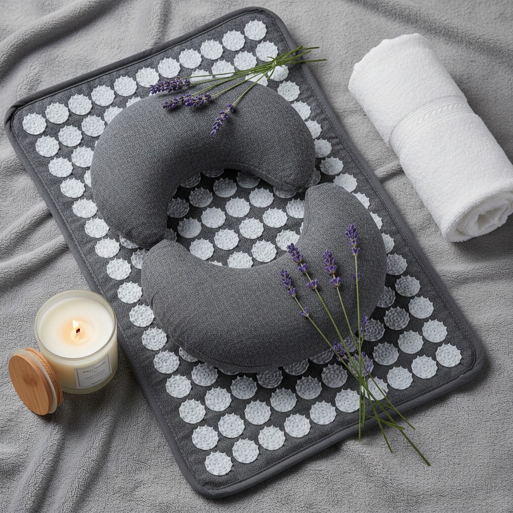 Acupressure mat and pillow flat lay with lavender and candle