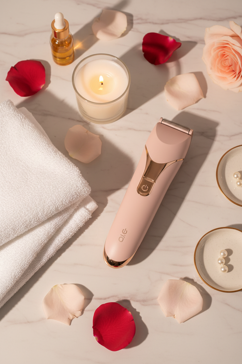 Pink women's electric hair trimmer spa lifestyle flat lay