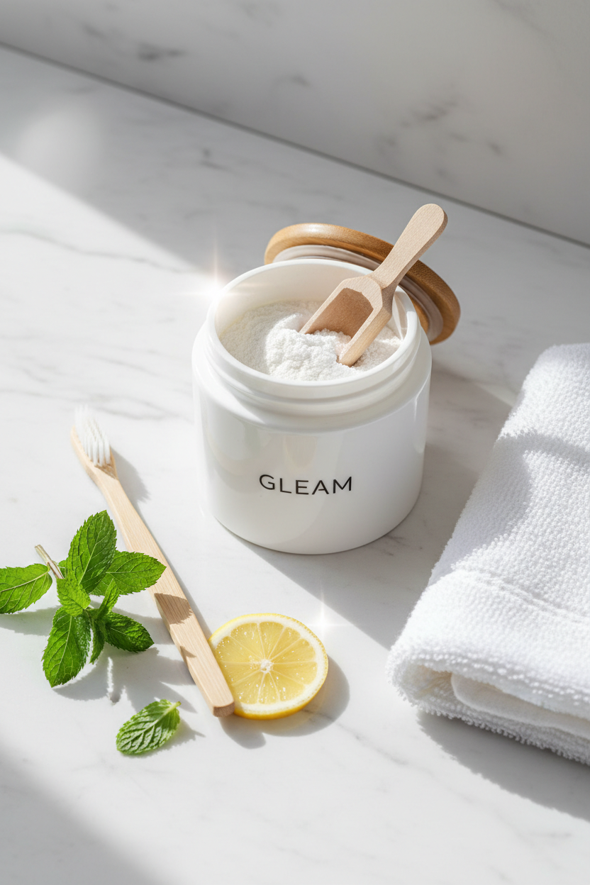 Teeth whitening powder bright bathroom flat lay with mint and lemon