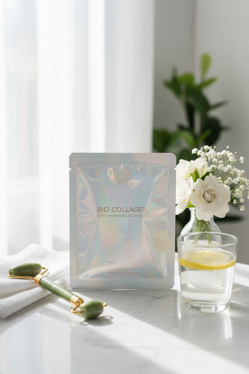 Bio-collagen face mask skincare lifestyle scene with jade roller and flowers