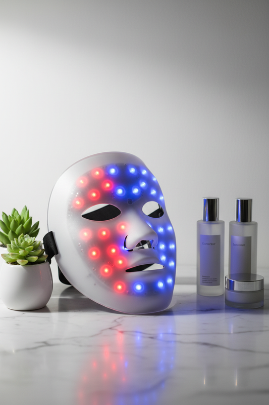 LED light therapy face mask on marble surface with skincare products and plants
